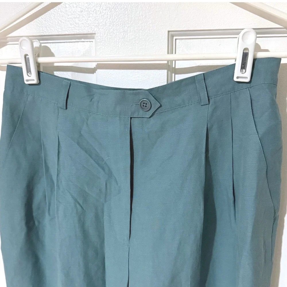 Lauren Ralph Lauren Silk Linen Pleated Trousers Teal Blue Petite 10P High Rise